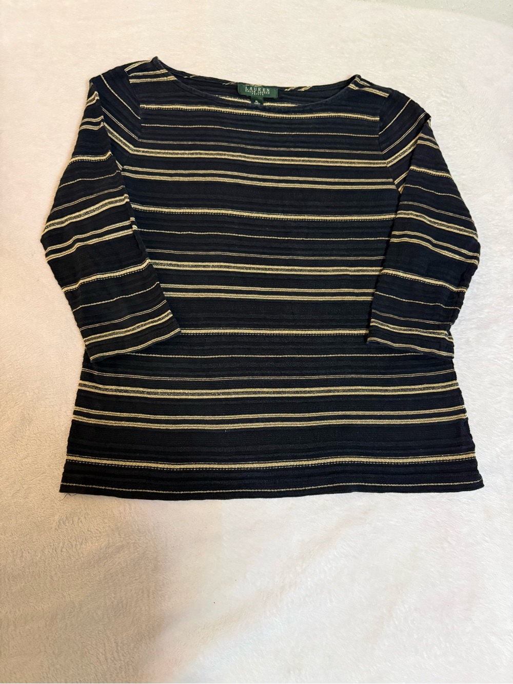 Lauren Ralph Lauren Petite PL Black Gold Metallic Stripe Cotton Boat Neck Top